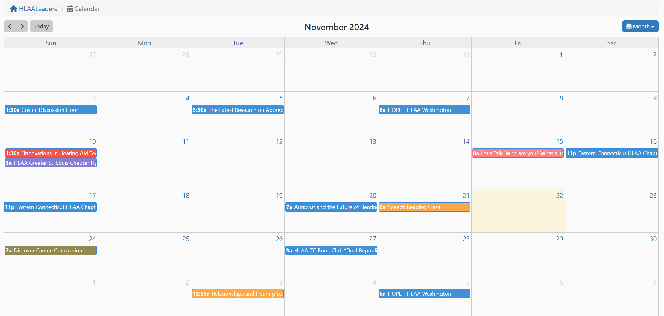 A screenshot showing HLAA Calendar. 
