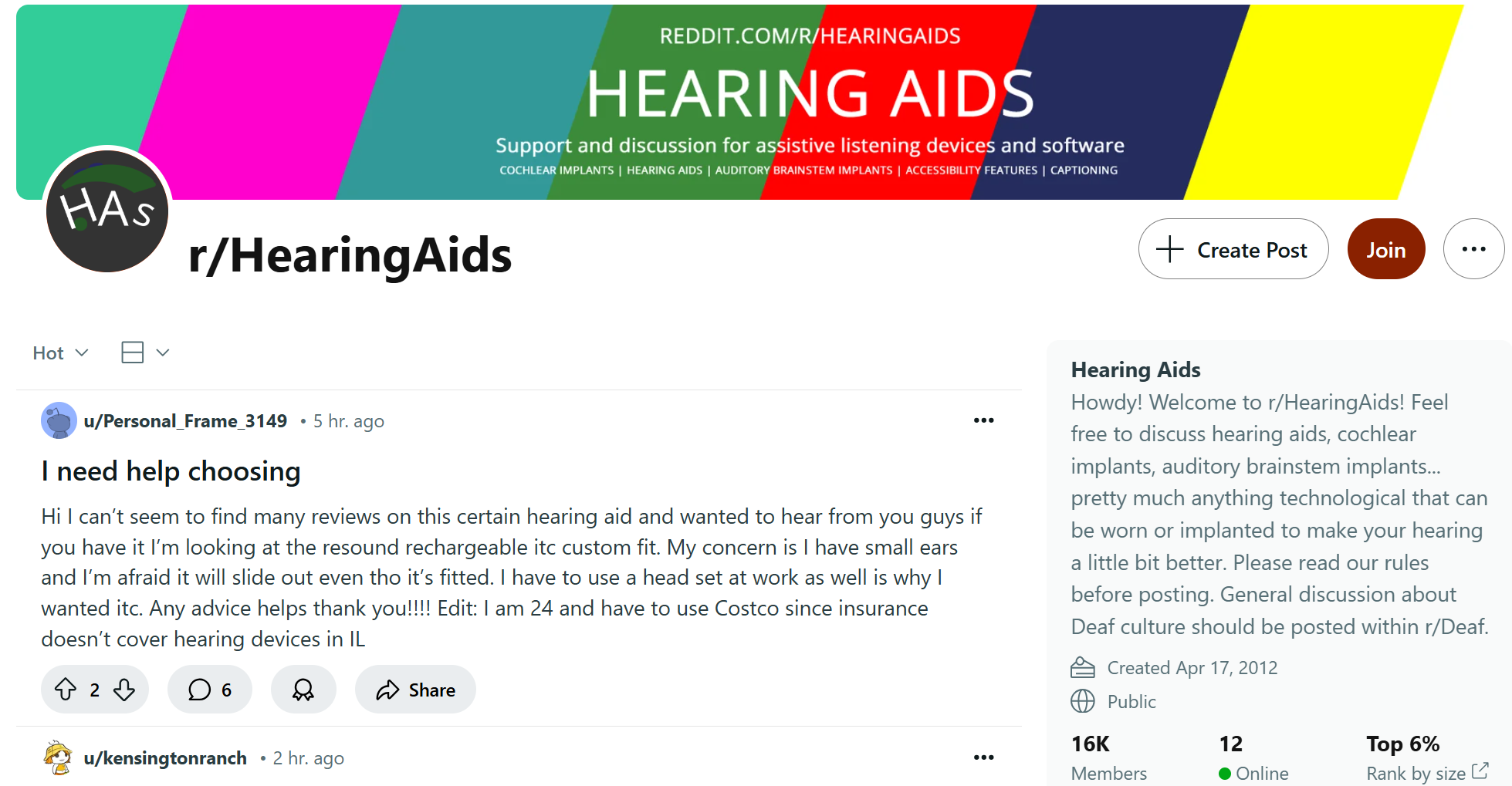 A screenshot showing the r/HearingAids Reddit front page